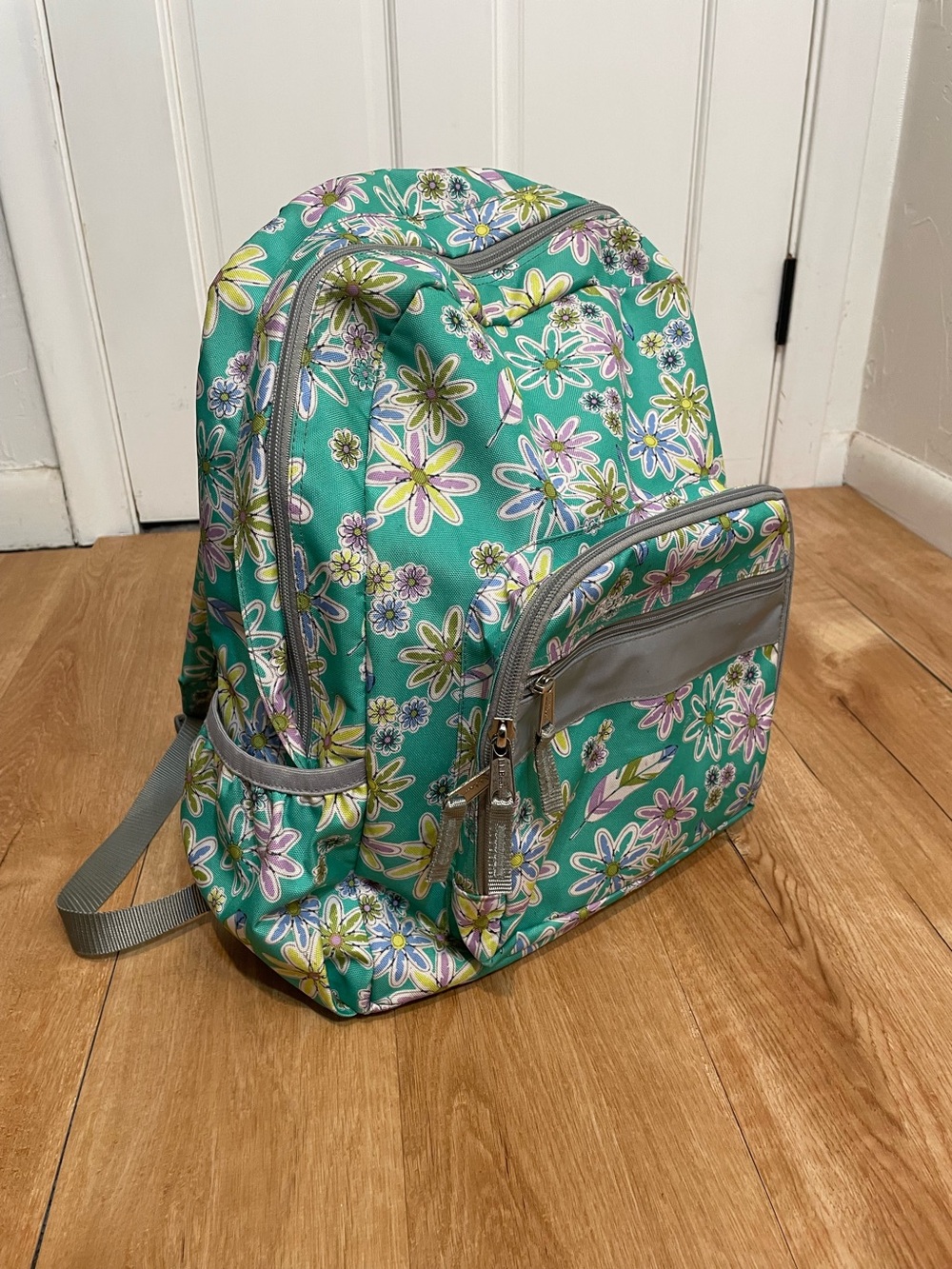 L.L.Bean Floral Backpack Teal Purple Daisy School Travel Book Bag 507647